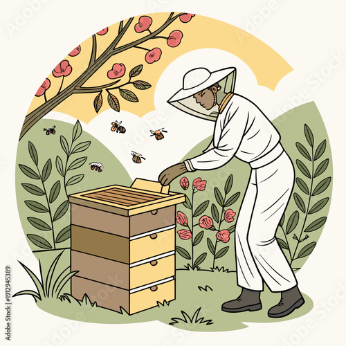 Beekeeper in white suit inspecting hive with bees flying around