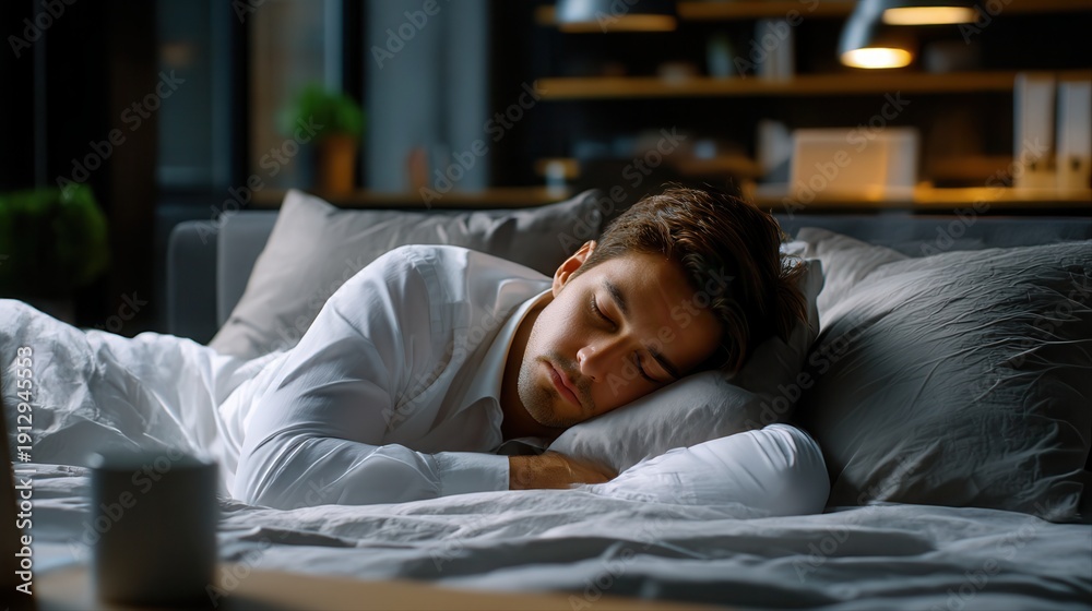 Fototapeta premium Man sleeping peacefully on bed in modern bedroom at night