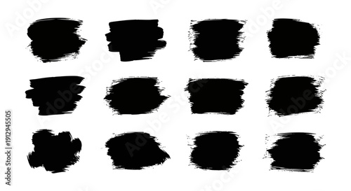 Paint splash splatter ink brush blobs set. Brush paint stroke set, Dry brush texture. Grunge paint lines, rough drawn elements. Dirty liquid spots, rough dust, grain pattern 
