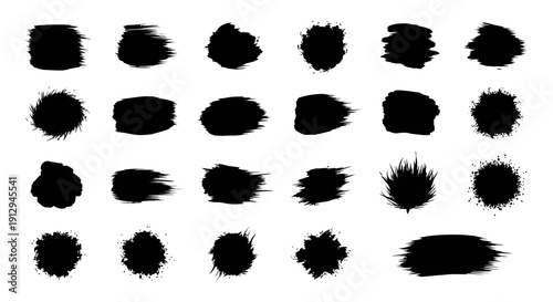 Paint splash splatter ink brush blobs set. Brush paint stroke set, Dry brush texture. Grunge paint lines, rough drawn elements. Dirty liquid spots, rough dust, grain pattern 
