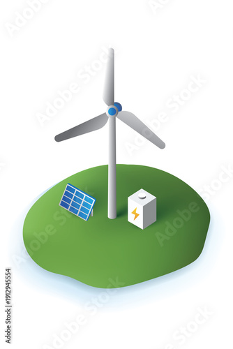 Minimal Isometric Renewable Energy Island with Wind Turbine, Solar Panel and Battery, Green Energy Concept