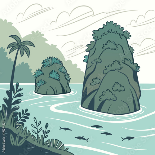 Ocean scene featuring two jungle covered limestone