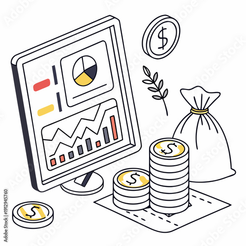 Personal finance tracking scene with coins and graphs on computer monitor
