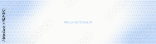 Classic halftone retro style graphic pattern faded smooth blurred angular frame ultra wide 32:9 aspect ratio white blue vector abstraction. Half tone dots panoramic ultrawide translucent design layout