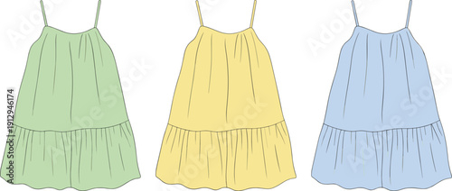 Women spaghetti strap mini dress cad drawing flat vector illustration, front view outline template for fashion design mockup