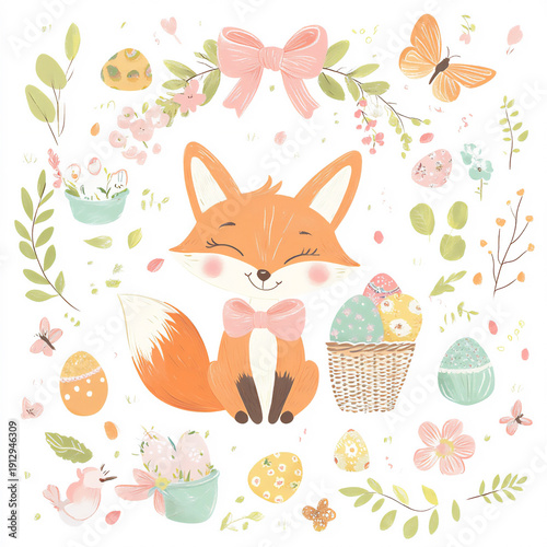 easter background with fox and eggs