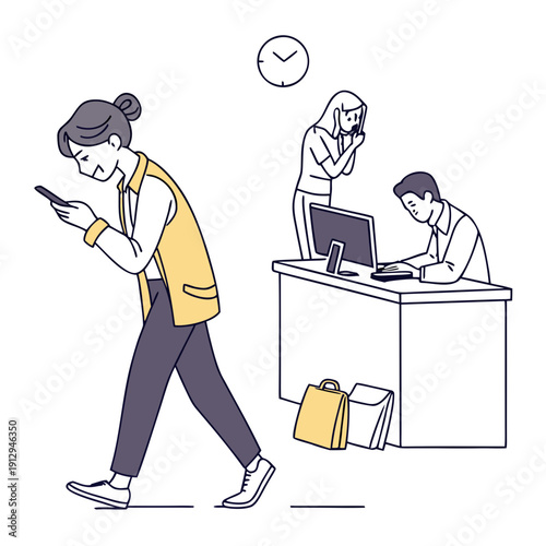 Office scene showing disengaged worker scrolling phone while colleagues work