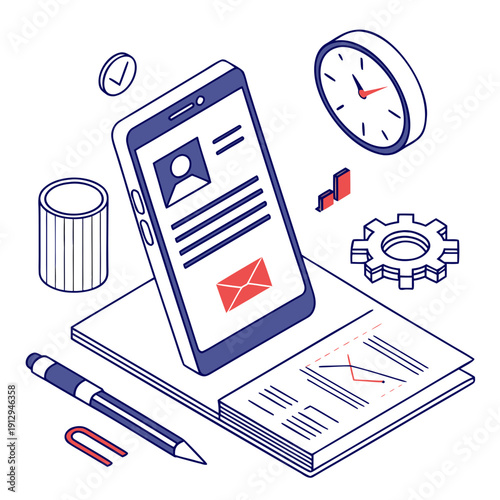Smartphone on documents with clock and stationery