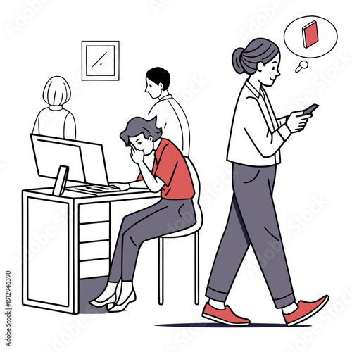 Office scene showing disengaged worker scrolling phone while others work
