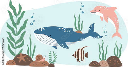 Cute underwater ocean illustration set with whale, dolphin, fish, seaweed, shells, and marine elements for kids, education, and playful sea life designs