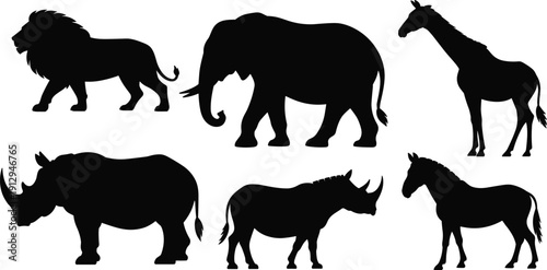 African wildlife animal silhouettes collection, lion elephant giraffe rhino and zebra shapes, black safari mammal illustration set