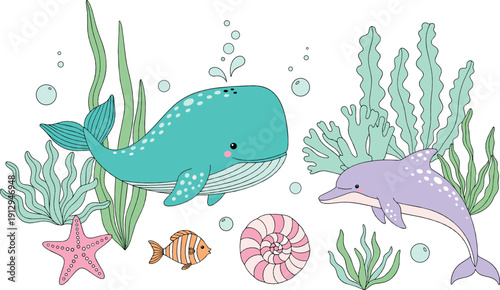 Cute underwater sea animals illustration set with whale, dolphin, fish, starfish, coral, and seaweed in pastel style for kids ocean designs