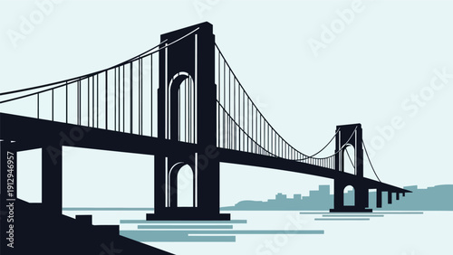 Suspension Bridge Silhouette Against Light Sky.