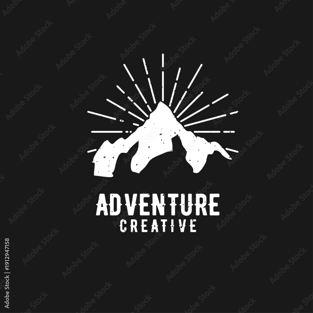 Fototapeta premium Grunge Mountain Adventure Creative Logo Design with Sun Rays on Black Background