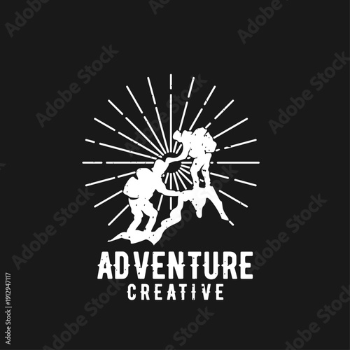Grunge Adventure Mountain Climbing Logo with Two Abstract Figures and Sunburst Rays