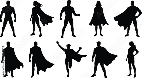 Superhero silhouette collection isolated on white background, comic style hero and heroine poses for logo design, vector illustration, stencil, emblem bundle