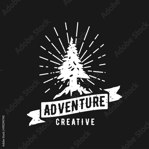 Vintage Adventure Creative Emblem with Pine Tree, Sunburst, and Banner. Retro Outdoor Travel Logo Design.