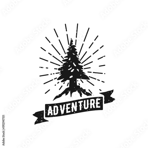 Vintage Adventure Pine Tree Emblem with Sunburst and Banner Design