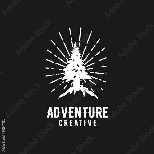 Vintage Adventure Creative Logo with Distressed Pine Tree, Mountains, and Sunburst Design