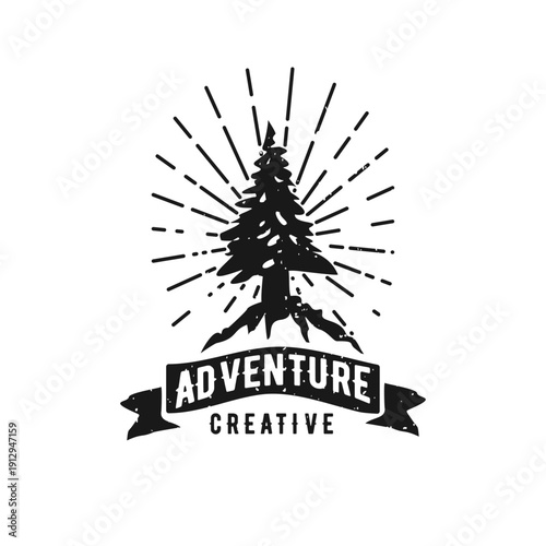 Vintage Adventure Creative Emblem with Pine Tree Silhouette and Sunburst Graphic