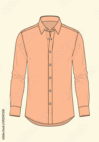 Detailed technical drawing vector illustration of mens long sleeve button up dress shirt in peach color flat sketch