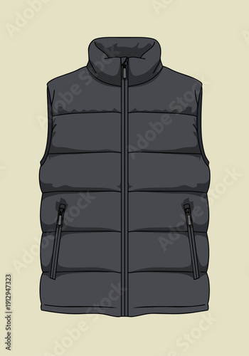 Dark Grey Puffer Vest Gilet Vector Illustration Technical Fashion Sketch