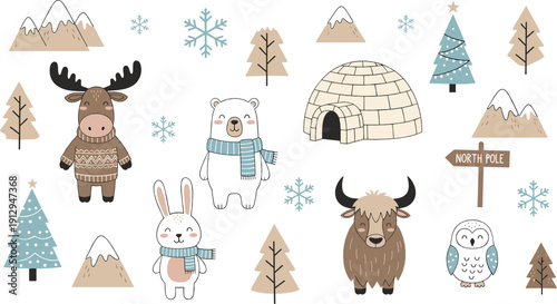 Cute winter arctic animal illustration set with moose, polar bear, rabbit, yak, owl, igloo, trees, and snowy forest elements for kids designs