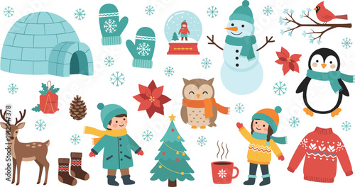 Cute winter and Christmas illustration set with snowman, kids, penguin, deer, igloo, festive decorations, and cozy holiday elements for seasonal designs