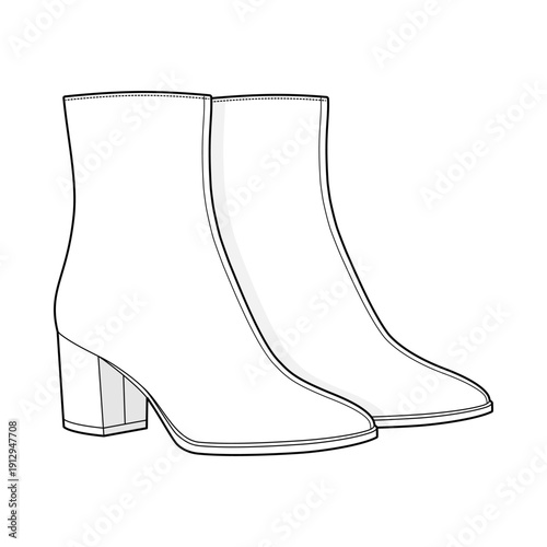 Minimal Block Heel Ankle Boots Technical Fashion Illustration. Sleek Round Toe Short Boot CAD Vector Template.