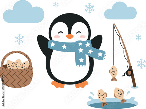 Cute winter penguin fishing illustration set with snowflakes, clouds, basket, ice hole, and cozy arctic elements for kids and seasonal design projects