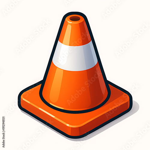 Orange traffic cone with white stripe isolated on white background.