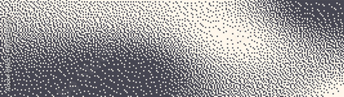 Retro styled 8 bit pixel art graphic halftone pattern fluid structure ultra wide 32:9 aspect ratio vintage vector abstract background. Pixelated style panoramic ultrawide format blurred abstraction