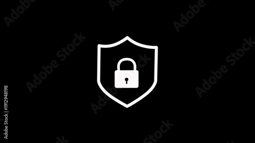 Animated security shield icon animation with locked padlock on black background. 4K animated perfect for motion graphics, security, business, and overlays