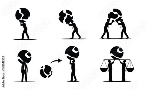 Human Effort Responsibility and Global Impact Icon set in Black and White vector
