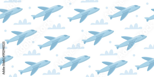 Seamless vector pattern featuring airplanes in modern flat style on a light background.  Travel and Business Aviation Background