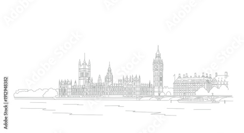 Black and white line art illustration depicts the iconic Houses of Parliament and Big Ben tower overlooking the River Thames skyline in London England.