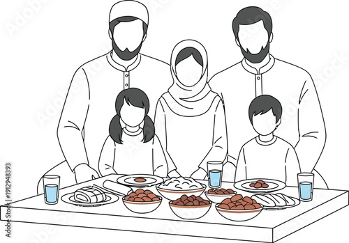 Muslim family wearing traditional attire gathers together around a dining table filled with various dishes preparing to share a joyful communal meal time