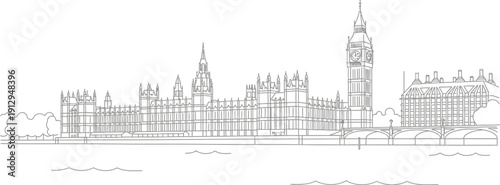 Simple black and white line art illustration of the iconic Houses of Parliament and Big Ben tower viewed across the River Thames in London