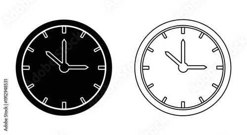 Two clocks with different colors and styles, one black and one white, showing the same time. Vector