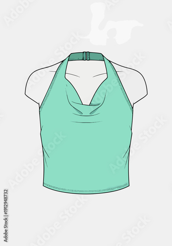 Mint Green Cowl Neck Halter Top Fashion Flat Sketch Technical Drawing