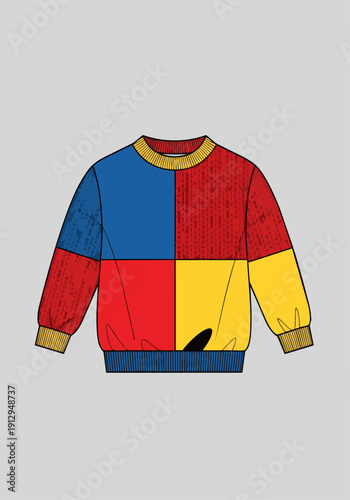 Color Block Oversize Sweatshirt Flat Sketch Fashion Design Vector