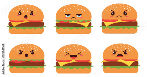 Cute cartoon hamburger set featuring various emotional characters for food branding