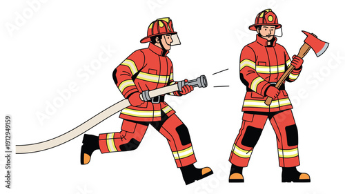Hand drawn line art firefighters set featuring a firefighter holding a hose and another with an axe for emergency services
