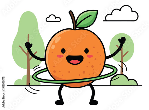 Line art illustration of a cute orange character depicting hula hooping for health and fitness