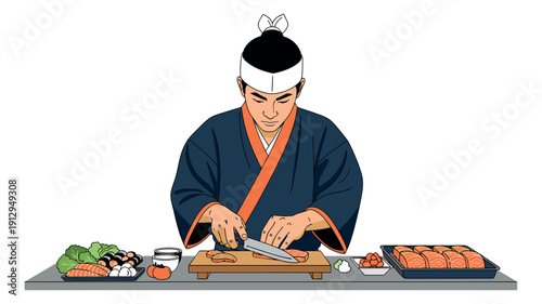 Hand drawn line art illustration of a Japanese sushi chef depicting slicing salmon for Asian food preparation