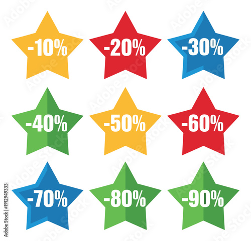Colorful discount labels set featuring star-shaped percentage discounts from ten to ninety percent for promotional campaigns