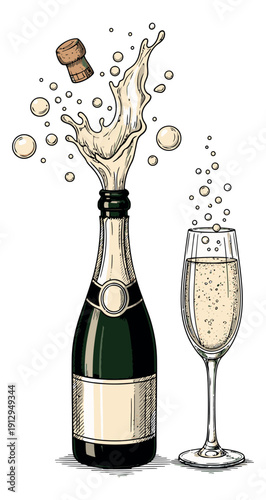 Hand drawn champagne set featuring a popping bottle, flying cork, splash, and glass for celebration