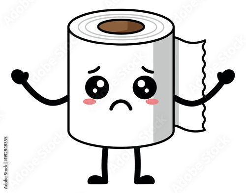 Cute cartoon illustration of a toilet paper roll depicting a sad face for personal hygiene concepts