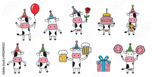 Cute hand drawn cow characters set featuring animals wearing party hats and holding festive objects for celebration
