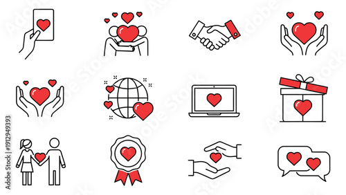 Line art love and care icon set featuring hearts, hands, and digital elements for relationships and communication